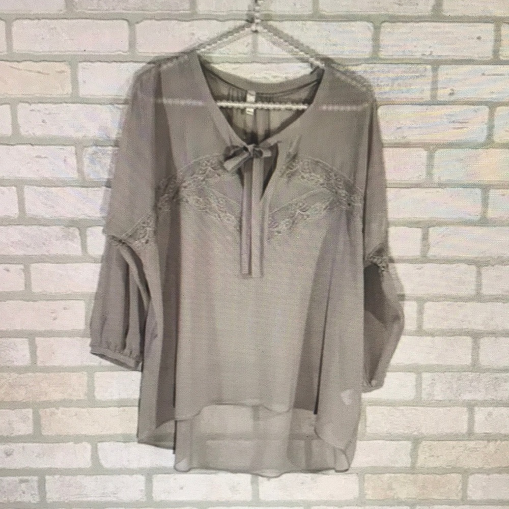 Gentle fawn gray lace trim peasant blouse